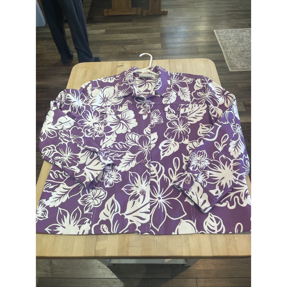 Alfred Dunner Purple & White Floral Tropical Hibiscus Button Down Jacket Sz 16P